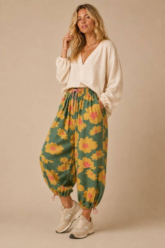 retro floral drawstring pants | mustard + olive
