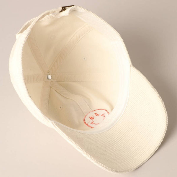 happy face embroidered corduroy baseball cap | off white