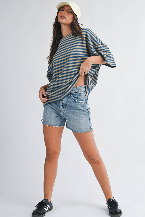 oversized boyfriend tee | blue + tan stripe