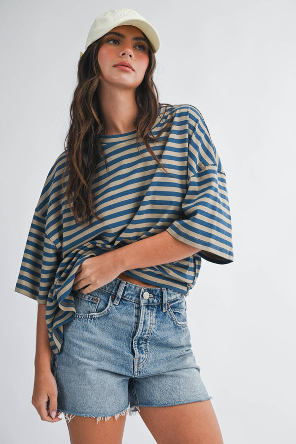 oversized boyfriend tee | blue + tan stripe
