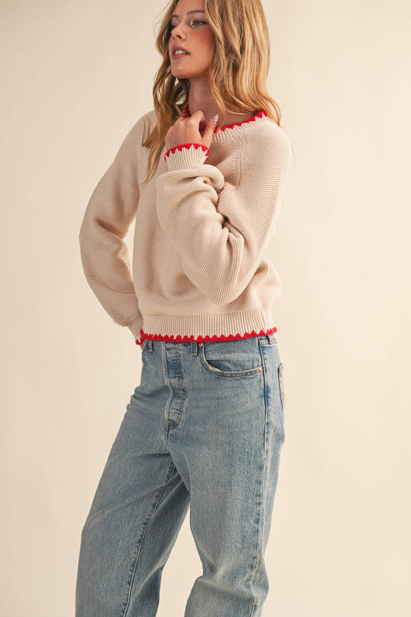 scallop puff sleeve sweater | almond red