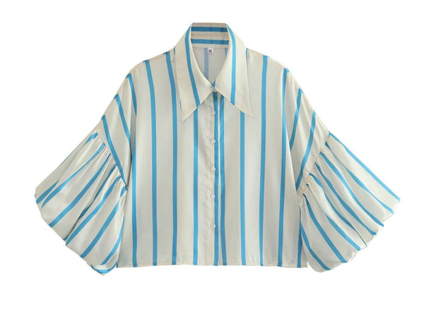 stripe puff sleeve button up | blue stripe