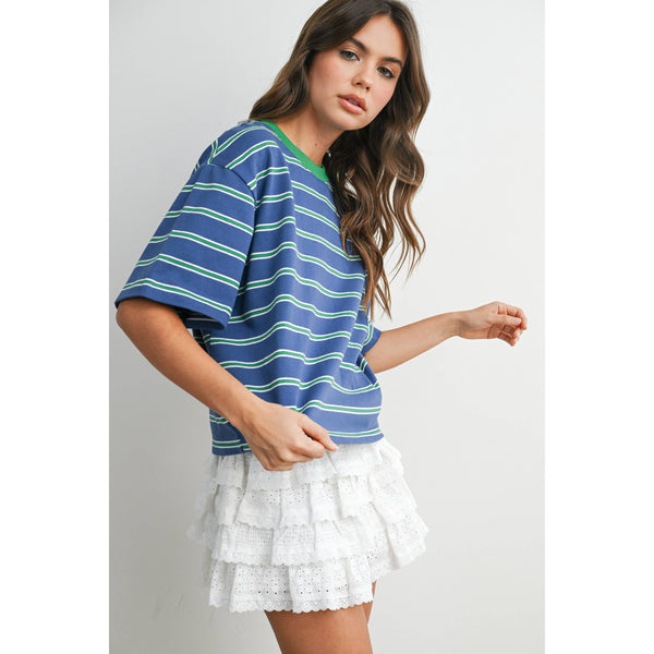 boxy stripe crop tee | blue + green