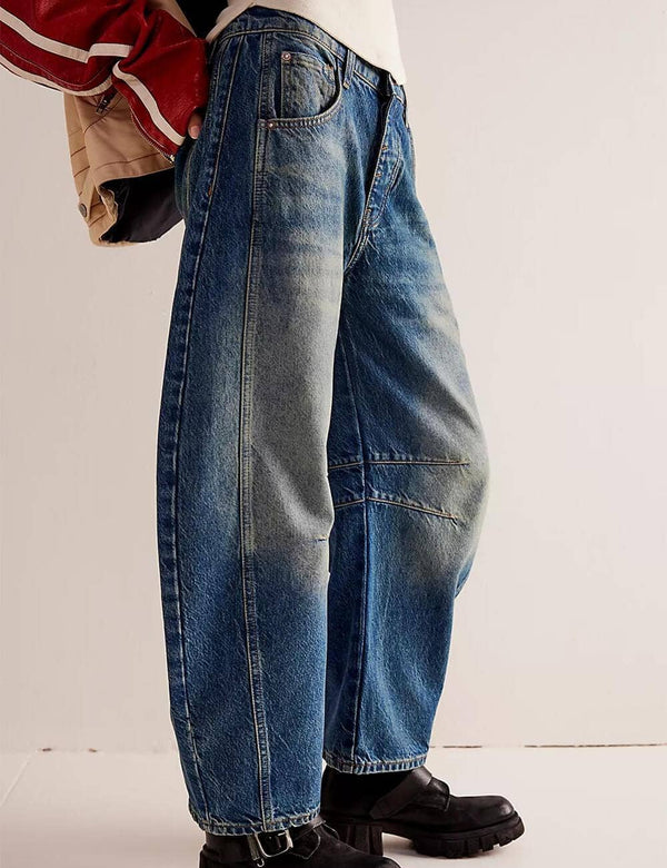 mid-rise wide leg barrel pants | dark blue