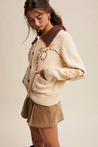 western embroidered collar cardigan | ivory