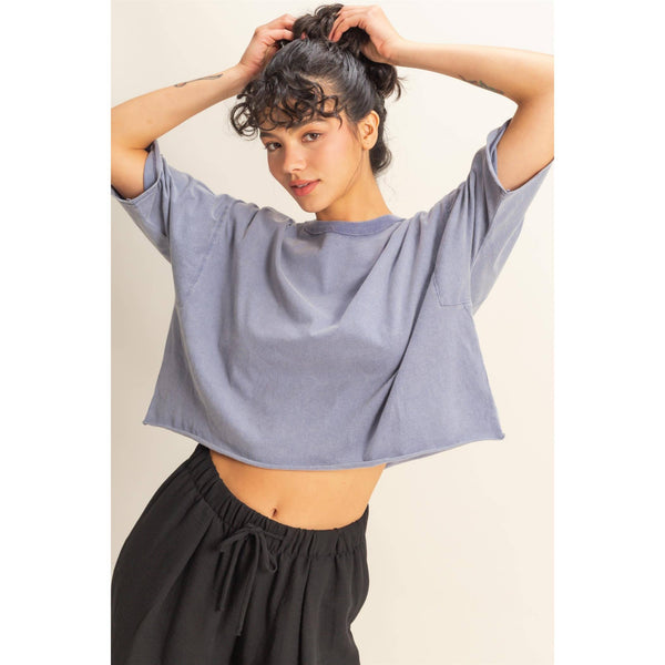drop shoulder wide fit crop | washed indigo