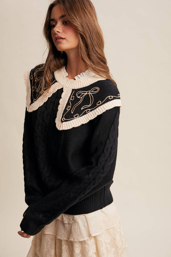 bow embroidered cable knit sweater | black