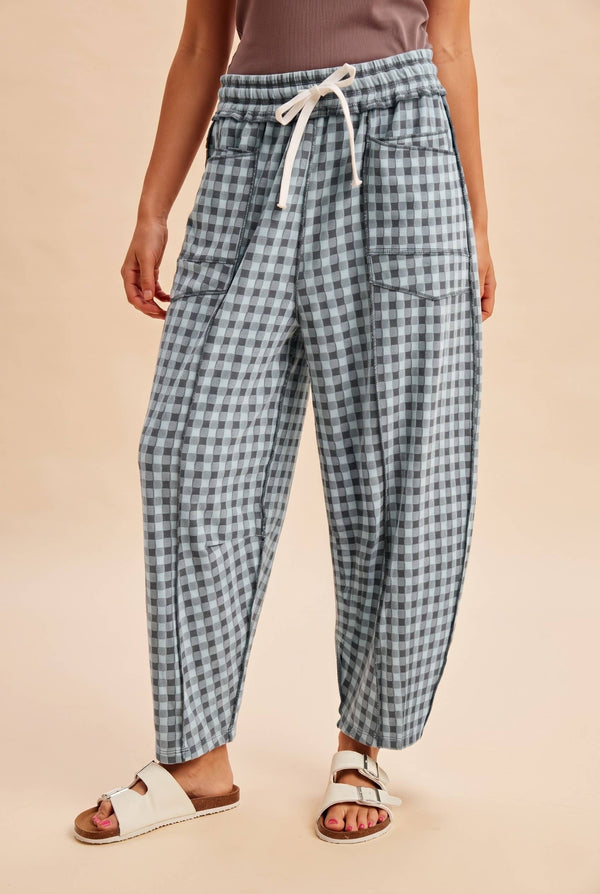 soft check barrel pants | blue grey