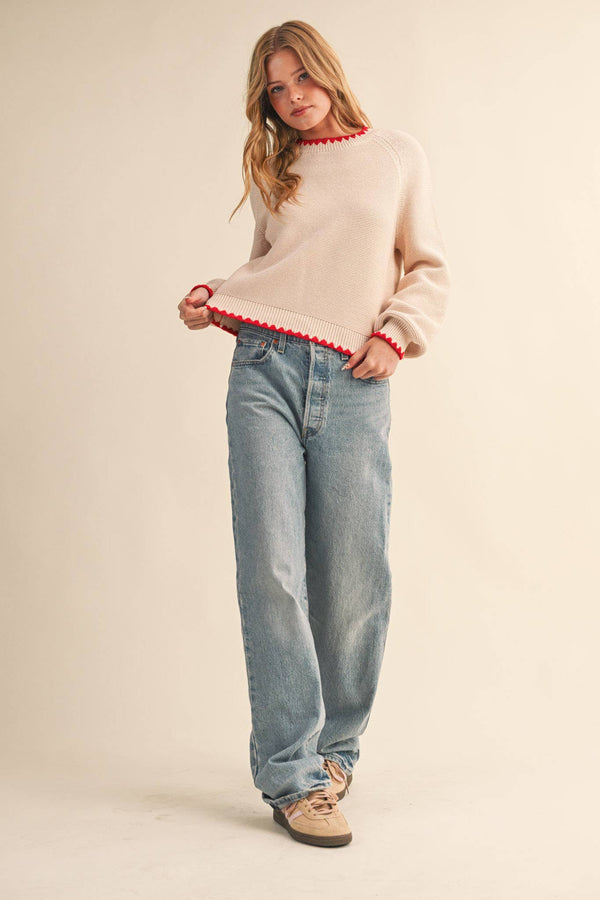 scallop puff sleeve sweater | almond red