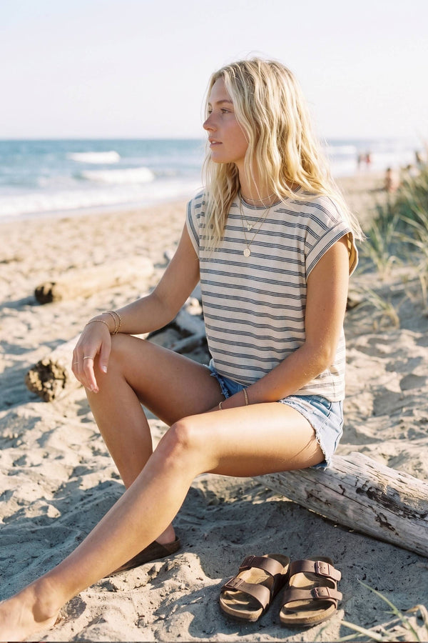 striped cap sleeve top | oat + brown
