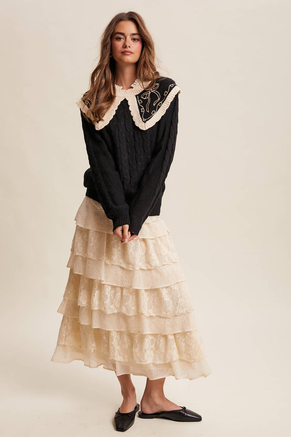 bow embroidered cable knit sweater | black