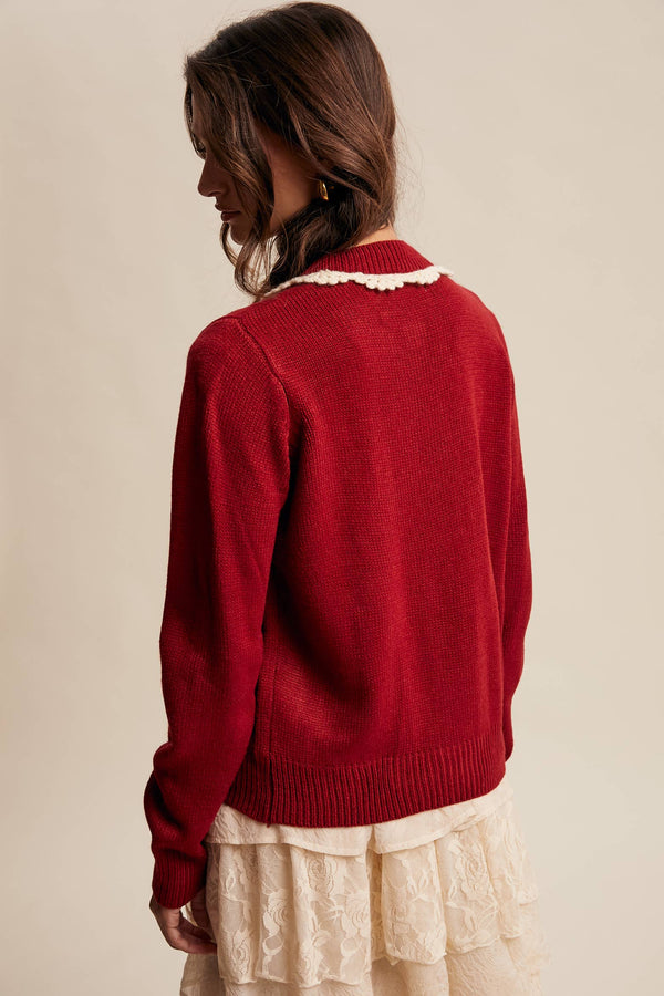 daisy embroidered trim cardigan sweater | crimson