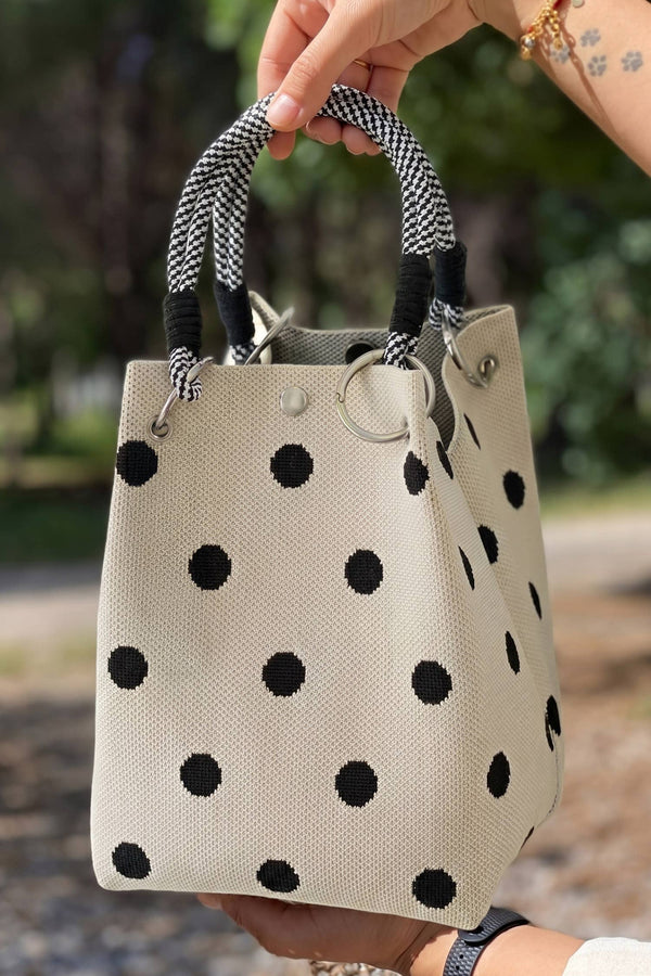 polka dot rope hand bag | black and cream