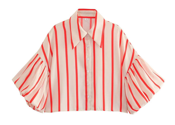 puff sleeve button up | red stripe