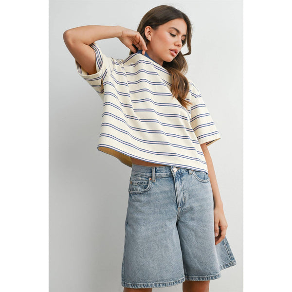 boxy stripe crop tee | ivory + blue