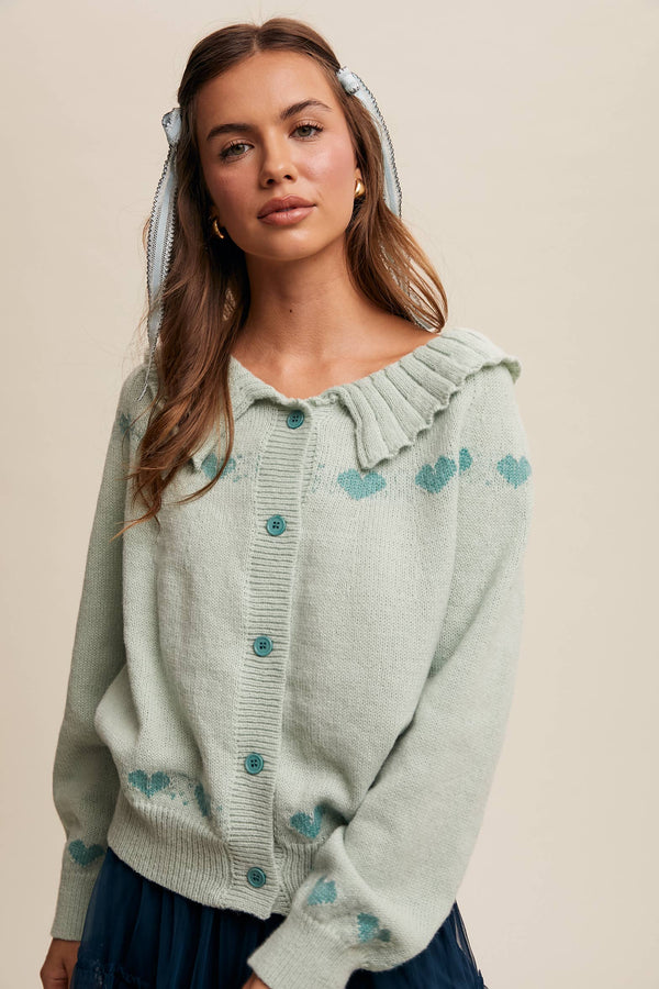 heart pattern knit cardigan | aqua mint