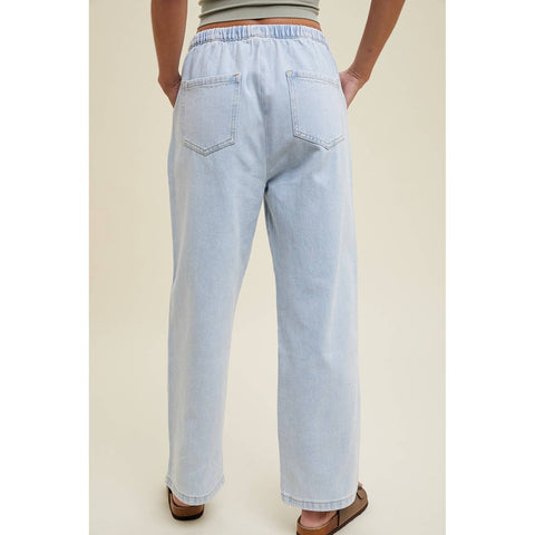 washed drawstring baggy denim pants | denim