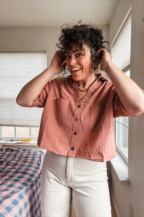 button down crop shirt | dusty rose