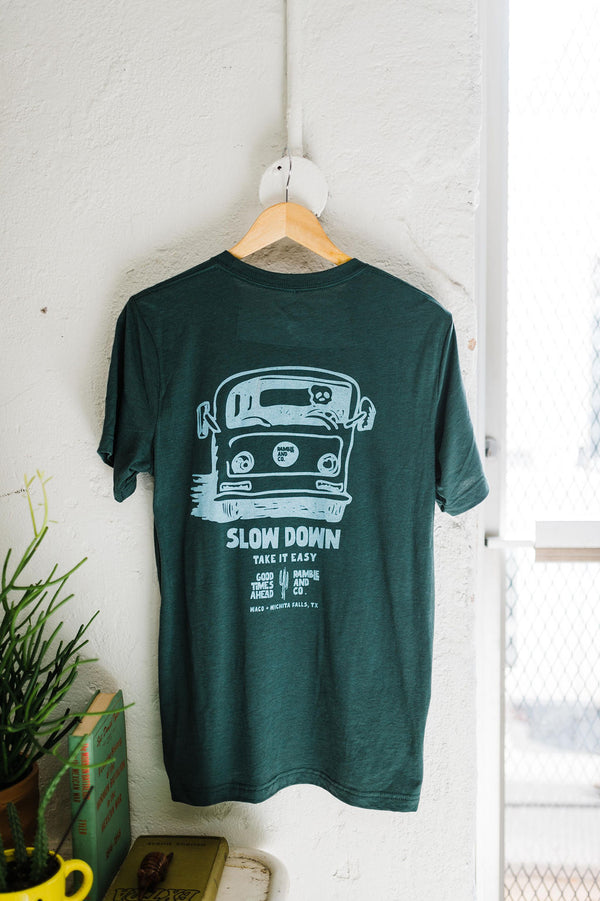 slow down look around | forest green tee