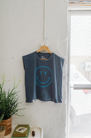 tx smiley | faded navy boxy muscle tee