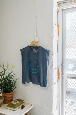 tx smiley | faded navy boxy muscle tee