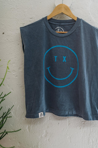 tx smiley | faded navy boxy muscle tee