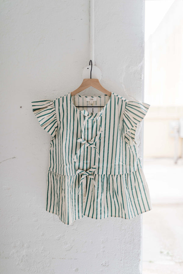 striped poplin front tie peplum top | sage