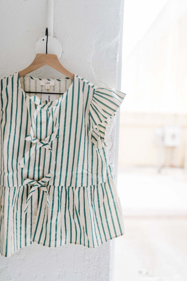 striped poplin front tie peplum top | sage