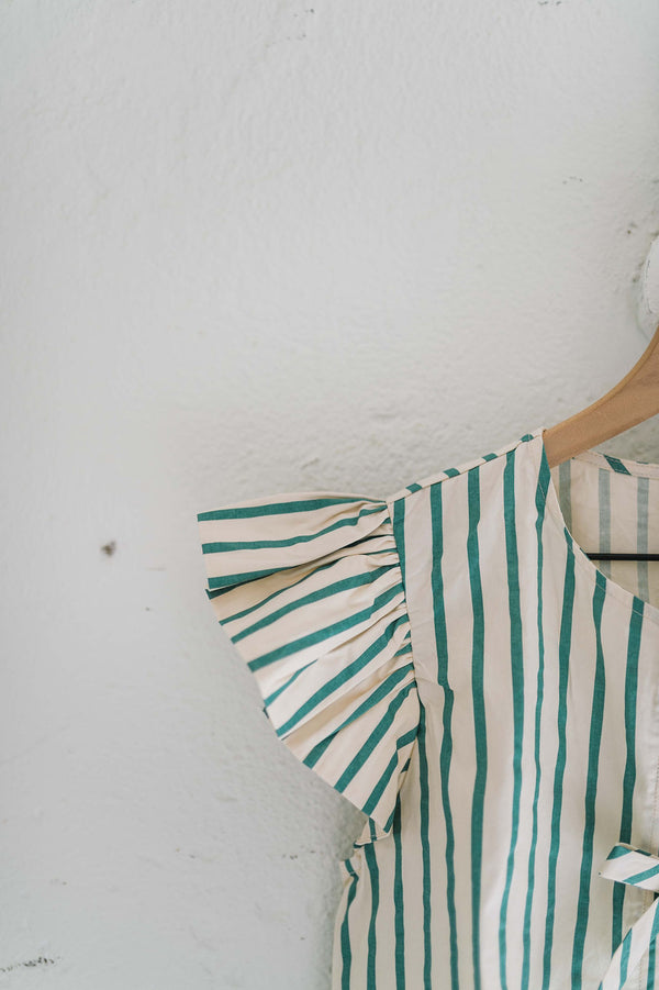 striped poplin front tie peplum top | sage