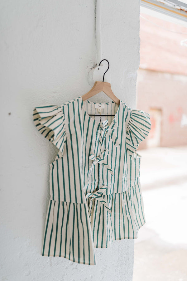 striped poplin front tie peplum top | sage