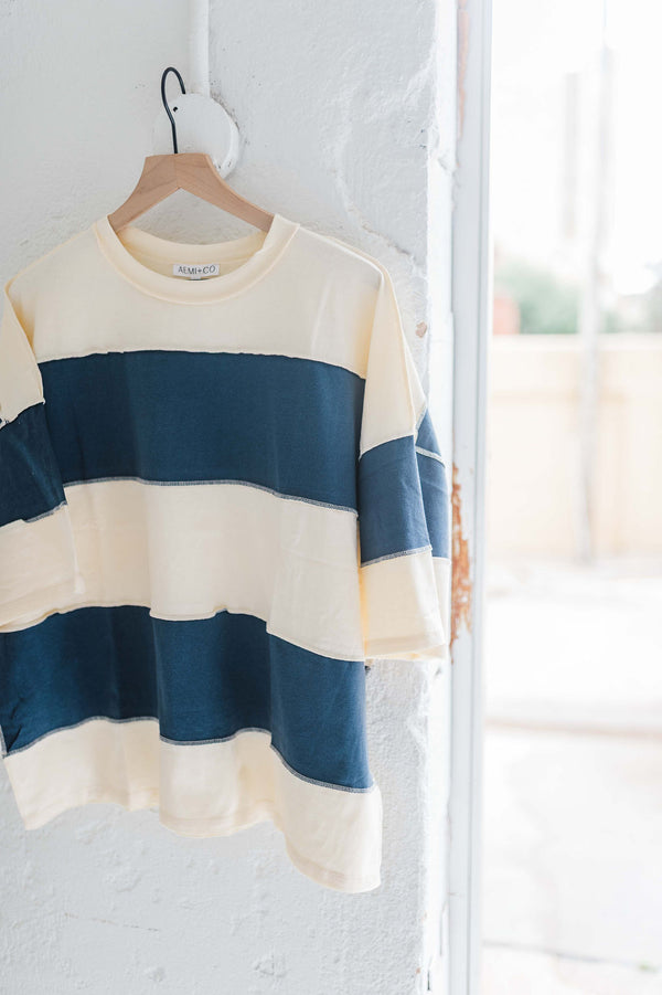 large stripe color block top | navy + cream