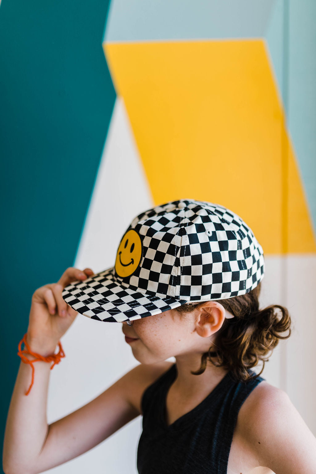 youth smiley | black + cream checkered hat