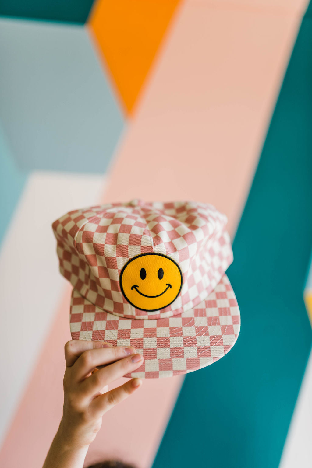 smiley | pink + cream checkered hat