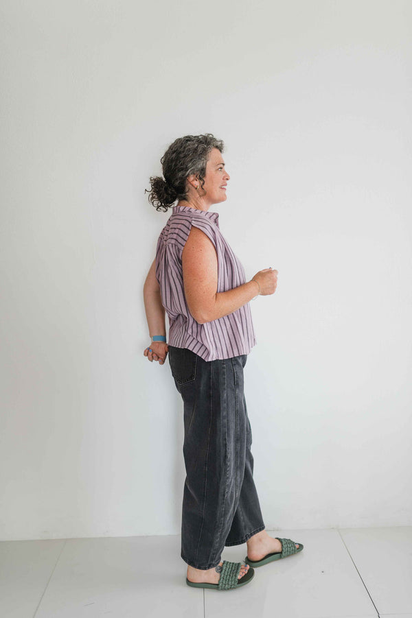 gathered stripe sleeveless blouse | purple