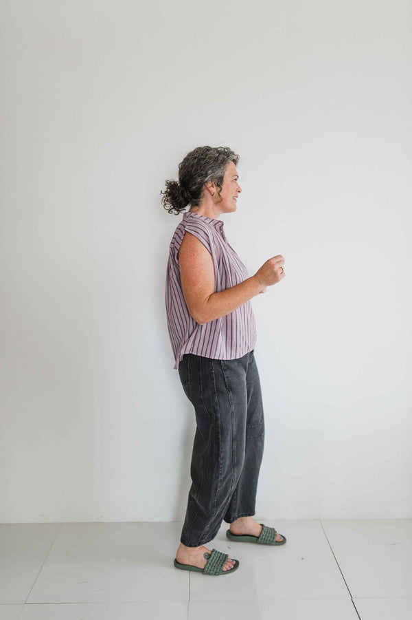 gathered stripe sleeveless blouse | purple