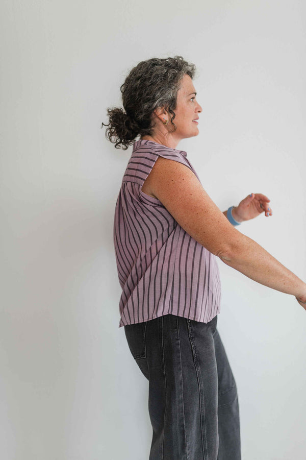 gathered stripe sleeveless blouse | purple