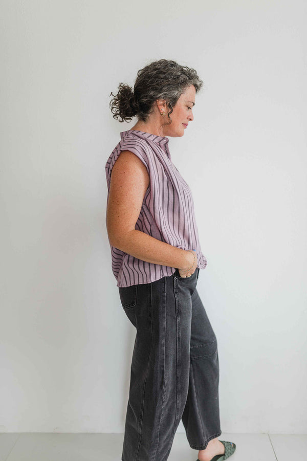 gathered stripe sleeveless blouse | purple
