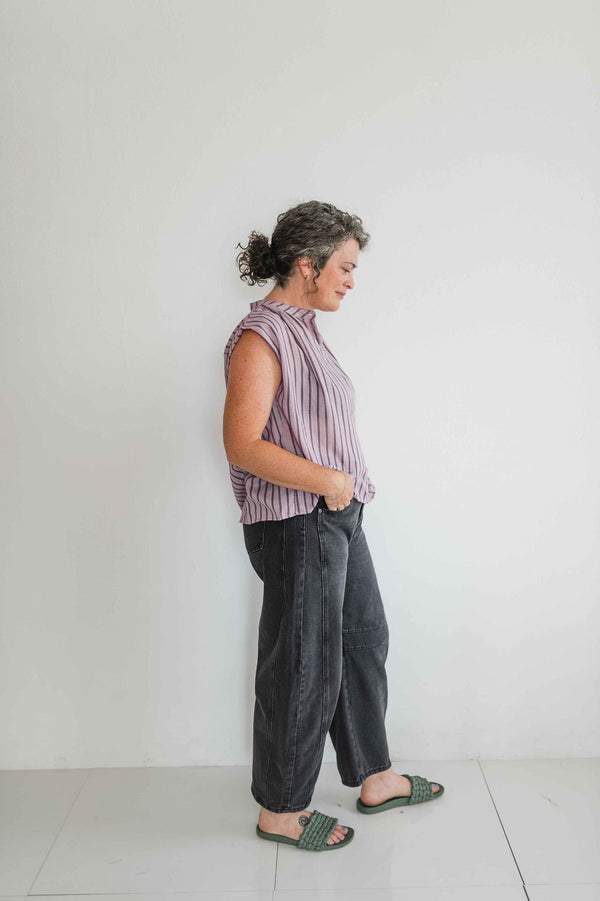 gathered stripe sleeveless blouse | purple