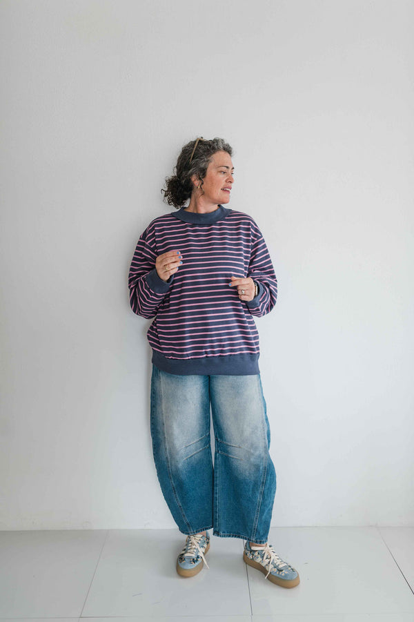 oversized french terry striped pullover | charcoal + pink