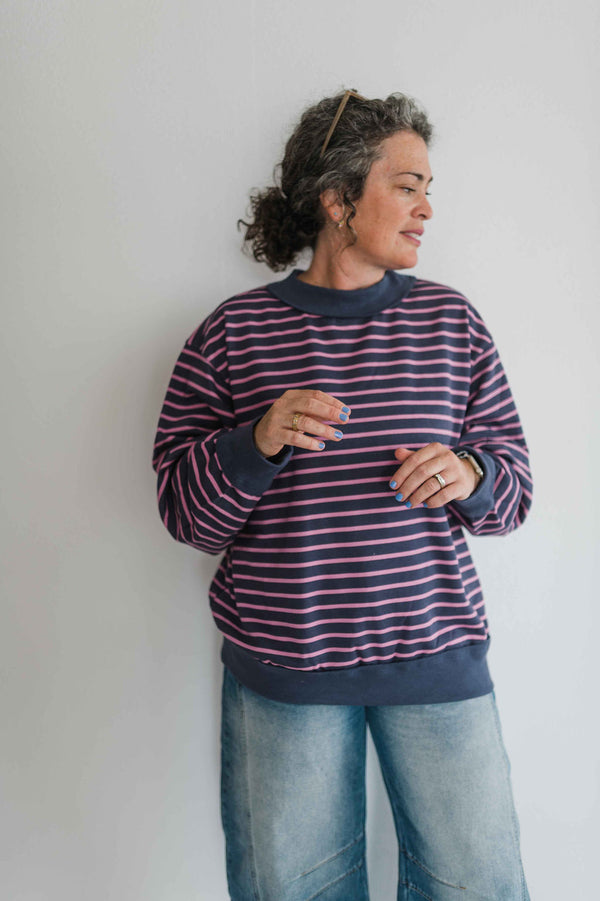 oversized french terry striped pullover | charcoal + pink