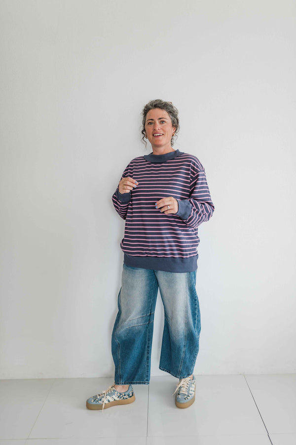 oversized french terry striped pullover | charcoal + pink
