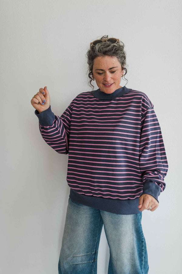 oversized french terry striped pullover | charcoal + pink