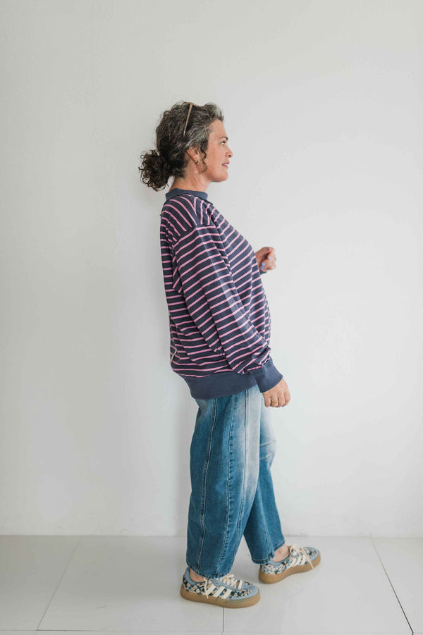 oversized french terry striped pullover | charcoal + pink