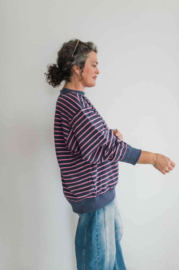 oversized french terry striped pullover | charcoal + pink