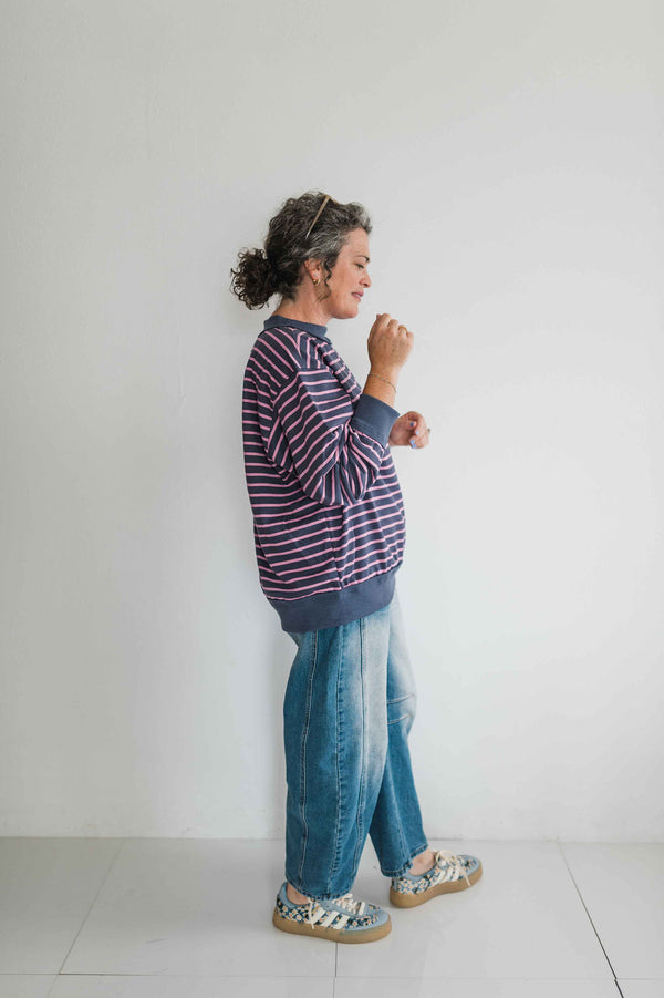 oversized french terry striped pullover | charcoal + pink