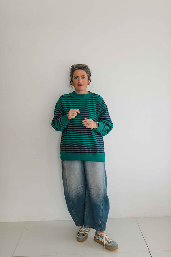 oversized stripe mock neck terry pullover | emerald + navy