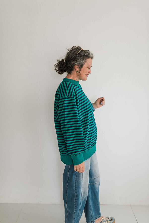 oversized stripe mock neck terry pullover | emerald + navy