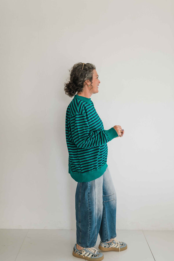 oversized stripe mock neck terry pullover | emerald + navy