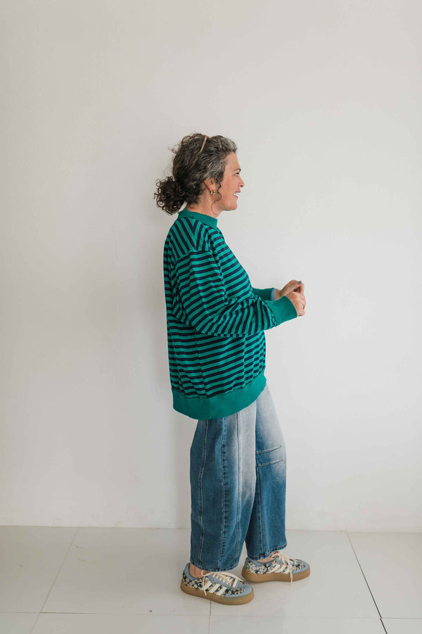 oversized stripe mock neck terry pullover | emerald + navy