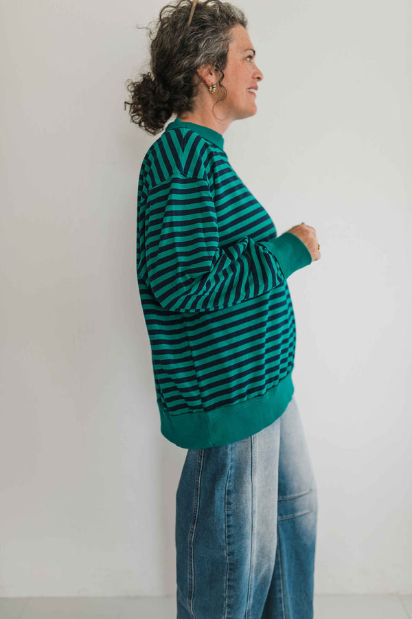 oversized stripe mock neck terry pullover | emerald + navy